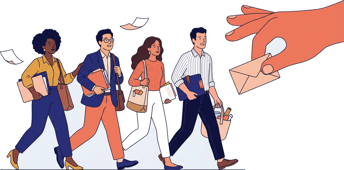 Illustration of four people in work clothes walking toward a large hand holding a sealed envelope