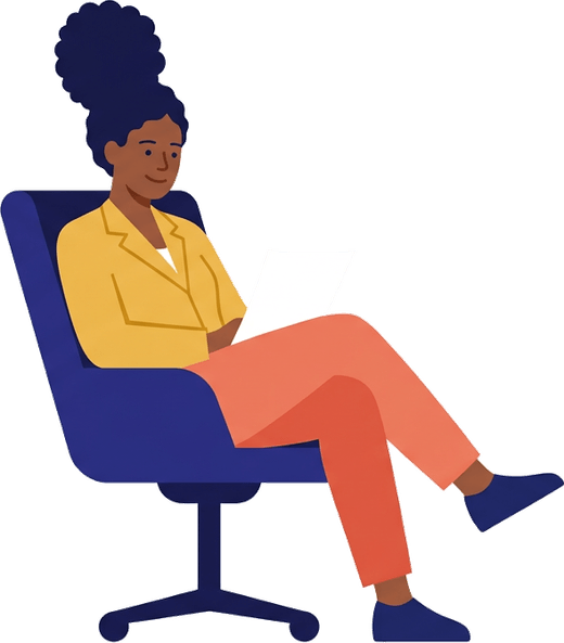 Illustration of a person in an office chair reading a page